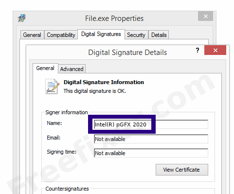 Screenshot of the Intel(R) pGFX 2020 certificate